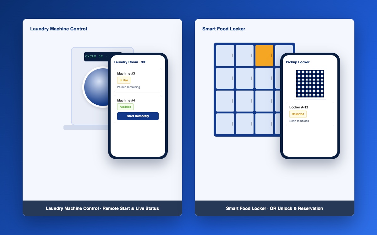 Mobile app remotely controlling a laundry machine and unlocking a smart food locker with a QR code