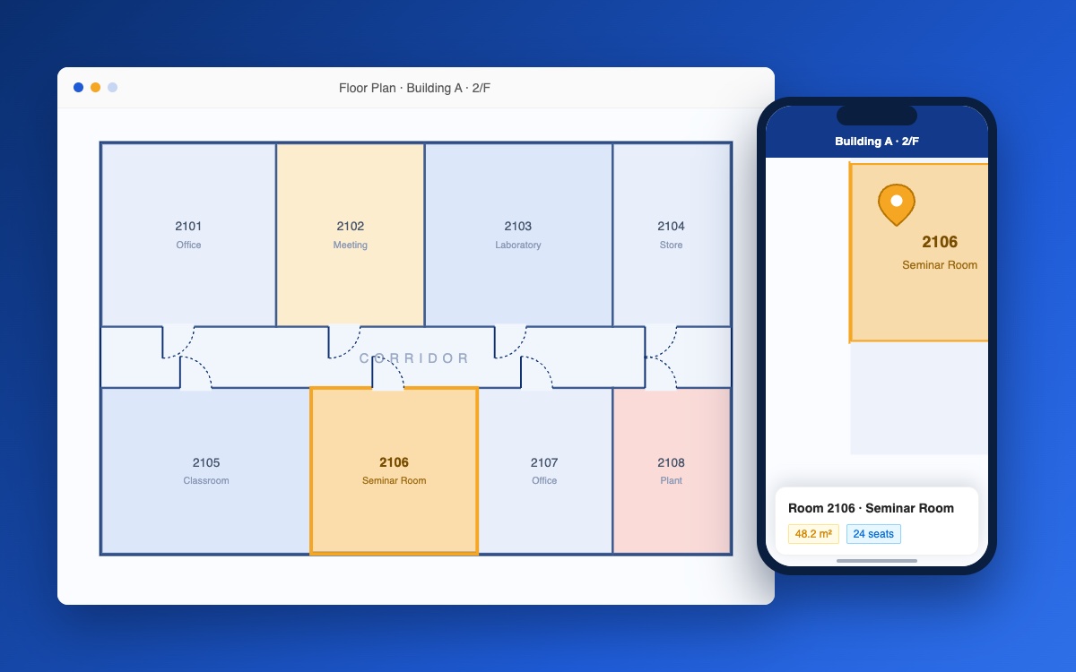 Interactive floor plan map of Building A shown in a web browser and on a mobile phone with room details