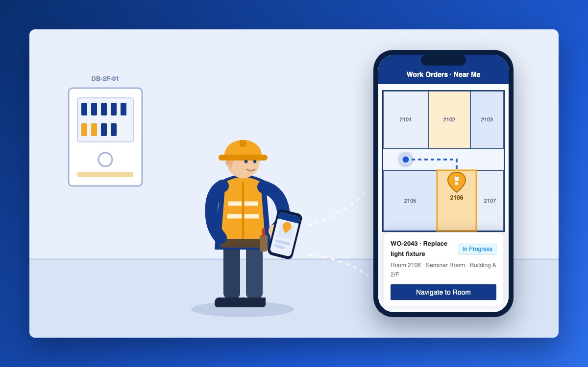 Electrician holding a mobile phone showing a map-based work order with navigation to the room