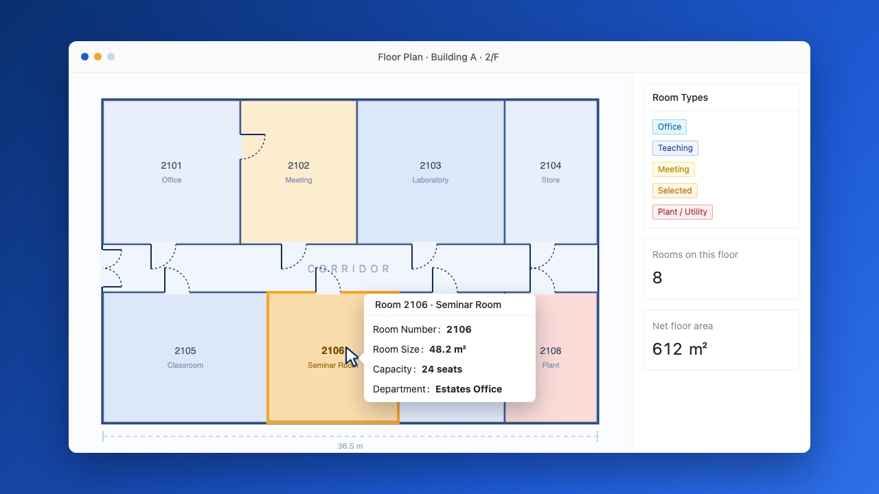 Space Management System interactive floor plan with room details